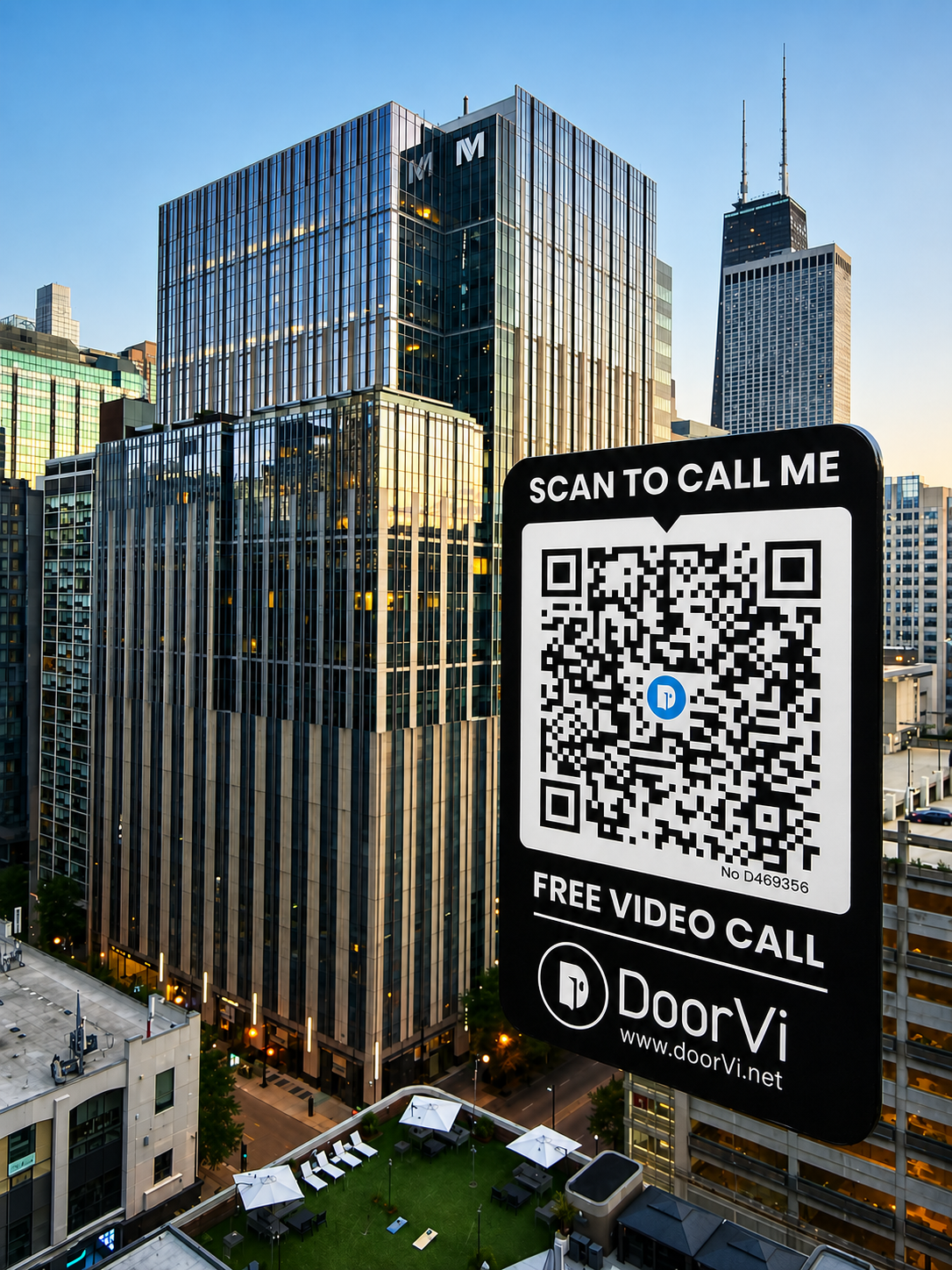 DoorVi smart QR sign overlooking a modern city skyline
