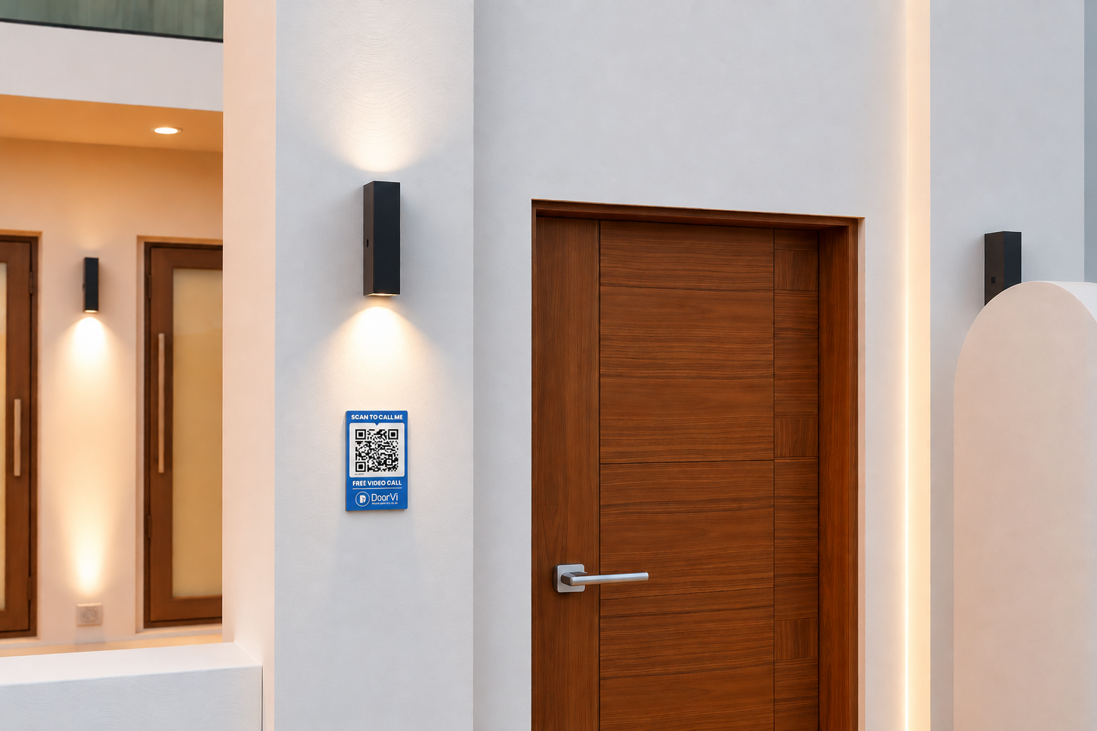 DoorVi smart QR doorbell sign mounted at the entrance of a modern Oman villa